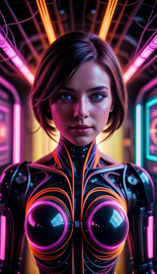 colorful chaos, vivid colors, striking visual design, 1girl, adult woman, gorgeous, hazel eyes, auburn half-up half-down hairstyle, portrait, solo, upper body, looking at viewer, detailed background, detailed face, android, cyborg, mechanical limbs, mechanical eyes, wires, advanced technology, dynamic pose, emotionless, artificial intellgience, steel, digital implants, nanobots, electronics, gadgets, powered by electricity, holograms, particle effects, bright lights, neon colors, cables in background, cinematic atmosphere, (<lora:1970RetroFuturism:0.6>, 1970retrofuturism, 1970s theme:1.1), <lora:add_detail:0.75>, <lora:sharpen-soften:-0.2>, <lora:stylesqueeze_v2:0.25>, <lora:realistic:0.25>, <lora:isobug:0.75> <lora:speedy1p5:1.15>