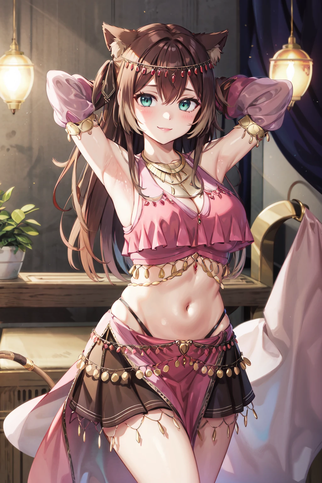 masterpiece,best quality,highres,ultra-detailed,bbtamaki,cat ears,circlet,long hair,one side up,hair between eyes,large breasts,necklace,see-through,midriff,detached sleeves,cat tail,pelvic curtain,highleg,skirt,black skirt,barefoot,<lora:fumino_tamaki:0.8>,indoors,standing,smile,armpits,arm_behind_head,