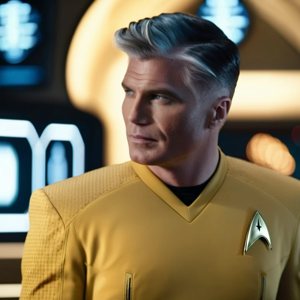 cinematic film still cinematic photo close-up portrait of , <lora:captain_pike-000002:1.1> captain_pike, man, 4K resolution, Starfleet uniform, confident gaze, futuristic background, yellow t-shirt uniform, (space-themed imagery), (detailed textures), (photo-realistic rendering), (commanding presence), (vivid colors), (dynamic lighting)    . 35mm photograph, film, bokeh, professional, 4k, highly detailed . shallow depth of field, vignette, highly detailed, high budget Hollywood movie, bokeh, cinemascope, moody, epic, gorgeous, film grain, grainy