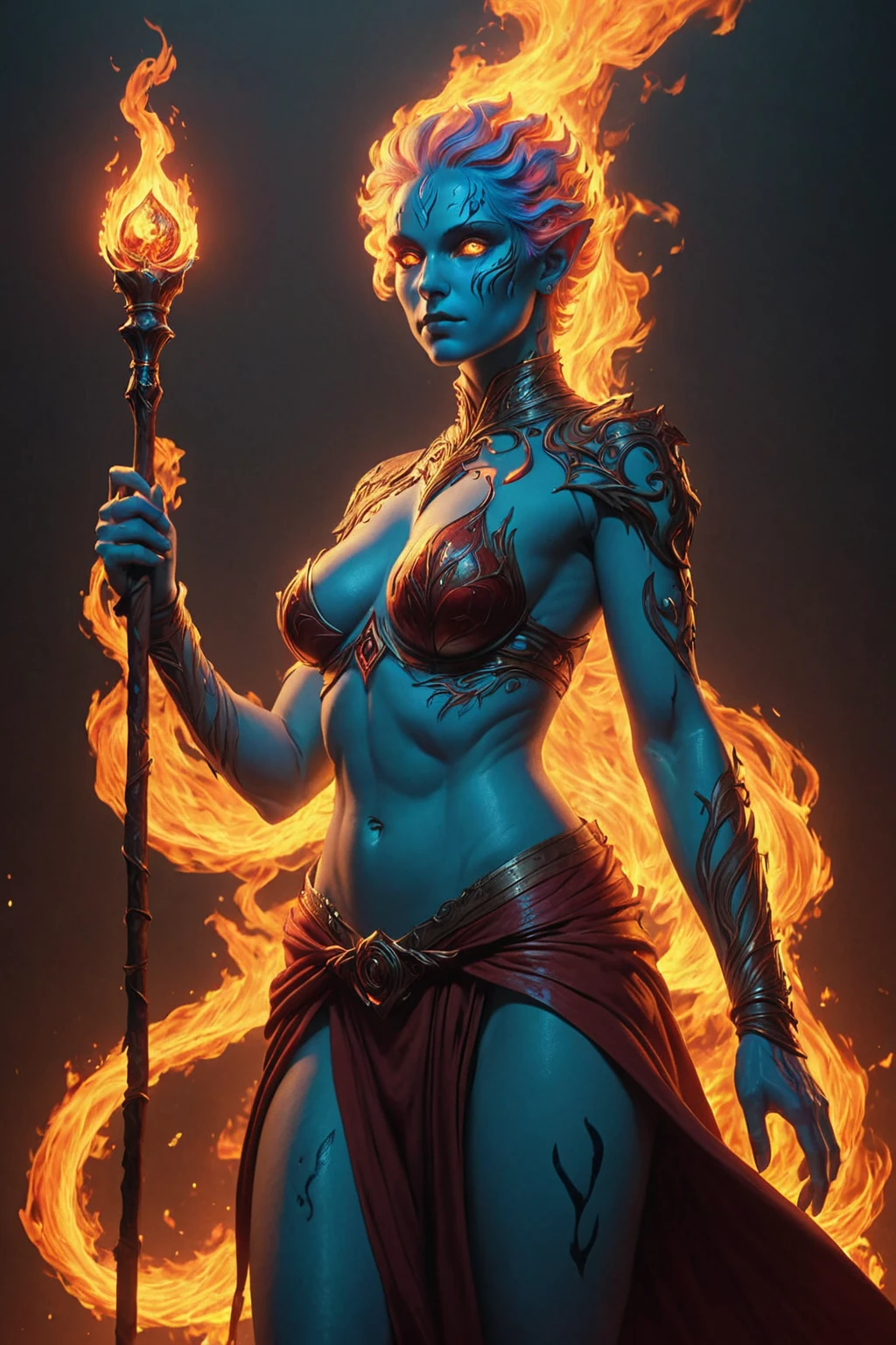 masterpiece, famous artwork, a Fire genasi,((photo raw)), global illumination Retro/Vintage Effect , , background <lora:Fantasy_Races_XL:1> trending on art station darksynth image trending:W1024T /W150960K Upscale Uxdaccape color color detailed product picture color and line perspective dynamic background chromarochrome neon lighting Uxtermode