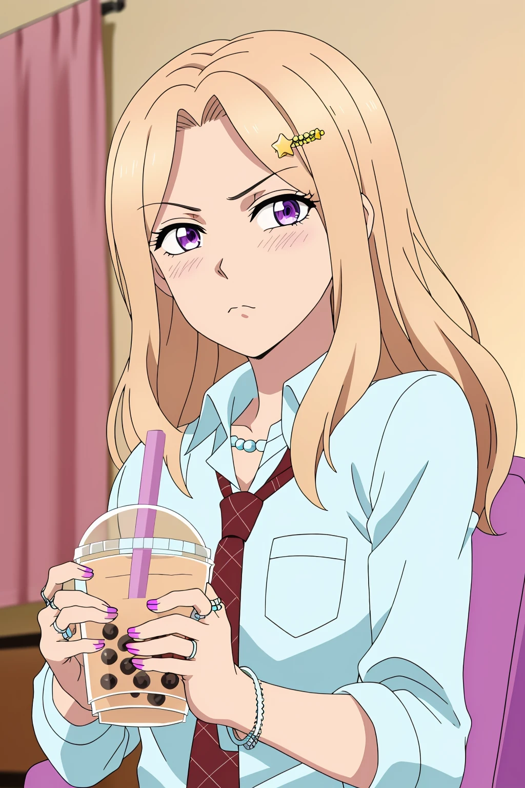 ((best quality)),((highly detailed)),masterpiece,absurdres,detailed face,beautiful face,(detailed eyes, deep eyes),(1girl),((dynamic pose)),  <lora:HaruV1:0.7>Haru, blonde hair, necktie, hair ornament, solo, purple eyes, jewelry, long hair, star hair ornament, bubble tea, gyaru, shirt, ring, nail polish, cup, indoors, red necktie, blush, curtains, hairclip, holding, bracelet, kogal, pink nails, sitting, star (symbol), holding cup, necklace, closed mouth, collared shirt, frown, drinking straw, purple nails, upper body, disposable cup, blue shirt, school uniform, beads, long sleeves, animal print, bangs, multicolored nails, parted bangs, loose necktie, bead bracelet, v-shaped eyebrows, leopard print, chair, breasts, sleeves rolled up, fingernails, white shirt, dress shirt, nail art, blurry, wing collar, pearl necklace