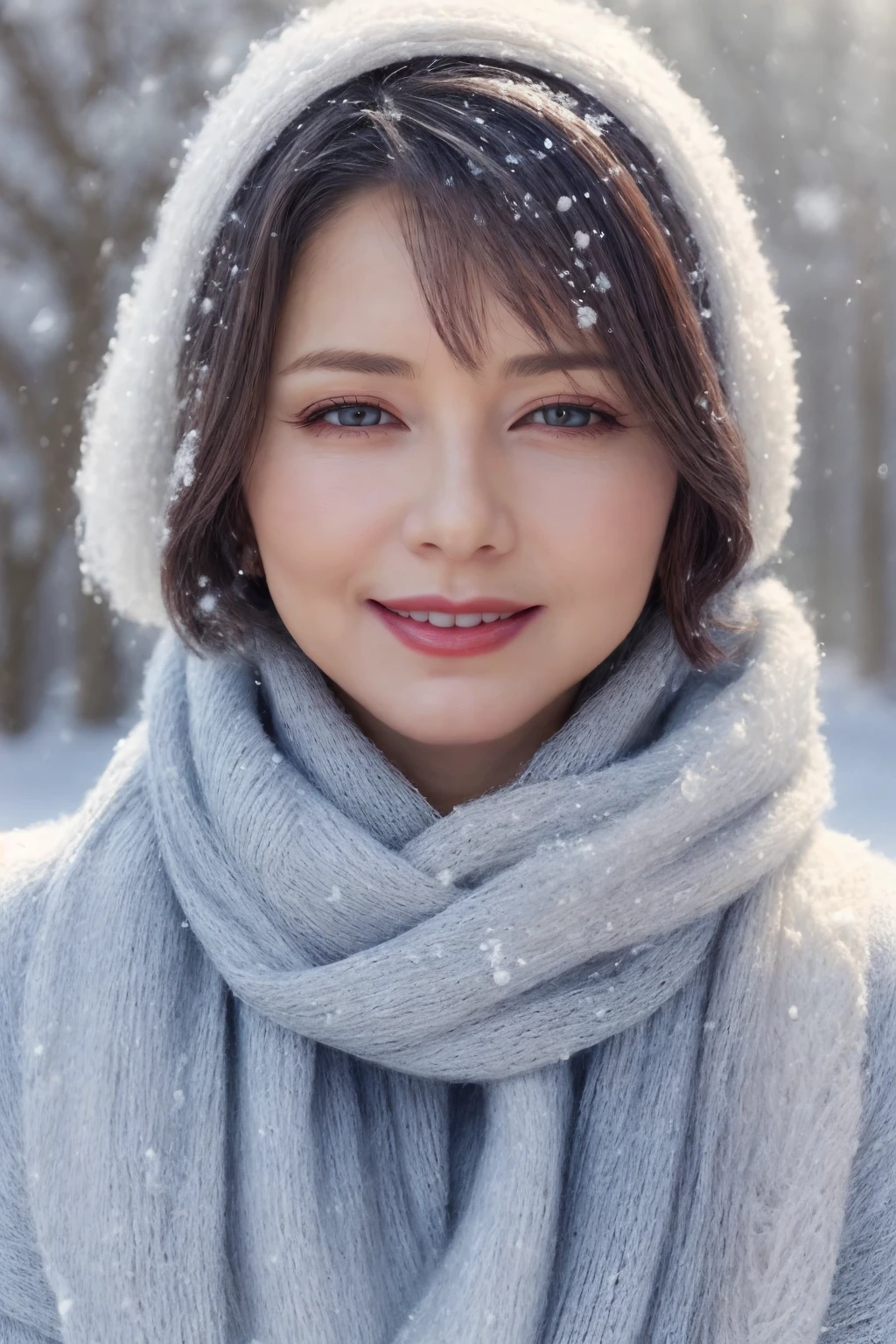 masterpiece,best quality,hyper realistic,photorealistic,intricate details,dappled_sunlight,snowing,portrait,dynamic_angle1girl,light blue eyeshadow,lipstick,grin,detail eyes,delicate face,picture-perfect face,upper teeth,petite woman in snow,jp-Gingerv1-275,jp-Lydia-325,a white velvet skiing cap,(face behind white wooly scarf:1.5),brown eye,face closeup,reflecting,luminescent,translucent,white smoke,light beams through smoke,(edelweiss:1.3),