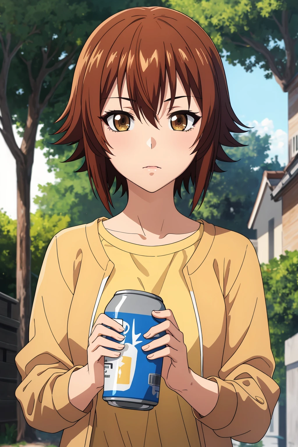 ((best quality)),((highly detailed)),masterpiece,absurdres,detailed face,beautiful face,(detailed eyes, deep eyes),(1girl),((dynamic pose)), <lora:ChisaV1:0.7>,Chisa, solo, brown hair, brown eyes, short hair, can, hair between eyes, portrait, holding, bangs, shirt, tree, outdoors, shiny hair, shiny, cowboy shot, looking to the side, casual, holding can, yellow shirt, looking away, jacket, sidelocks