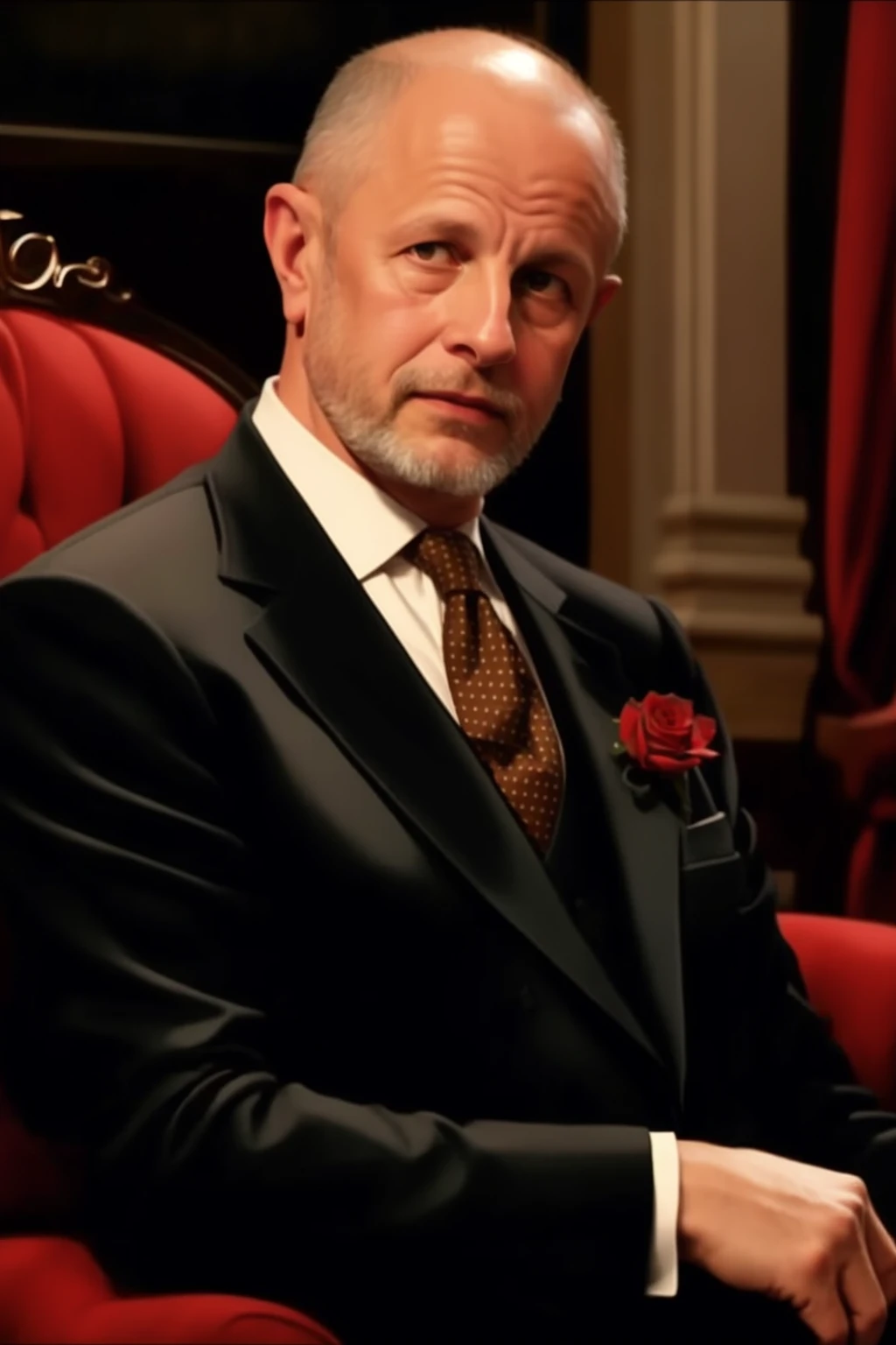 portrait of goblin, black suit, tie, rose <lora:Goblin:0.9>