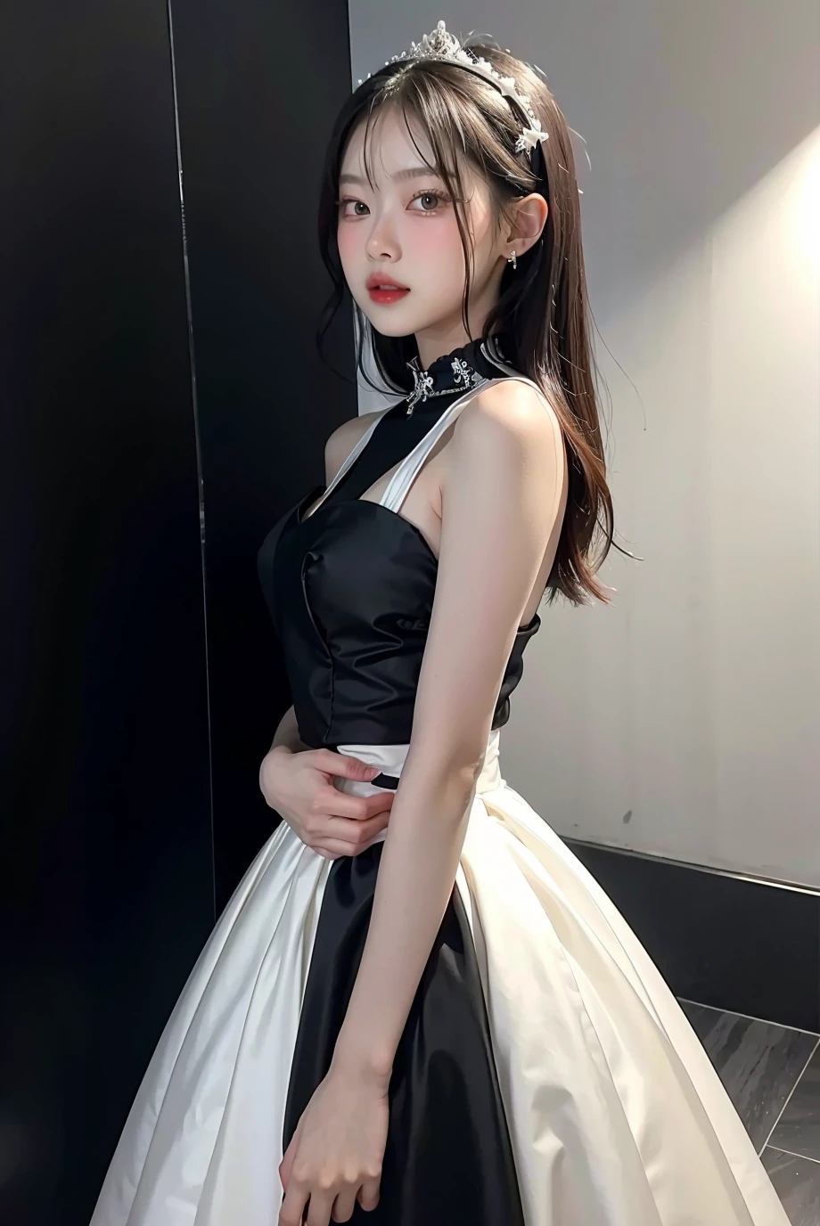 (masterpiece), best quality, 1girl, black  formal dress, white background, <lora:mmabelzz-04:1>