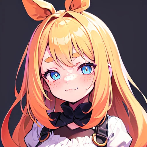 (masterpiece), (absurdres), (solo), (1girl), pickle eyebrows, close-up, chibi, :3, skin fang, orange hair, blue eyes, simple background, looking at viewer, freckles, <lora:PickleEyebrowsv01-02:1>