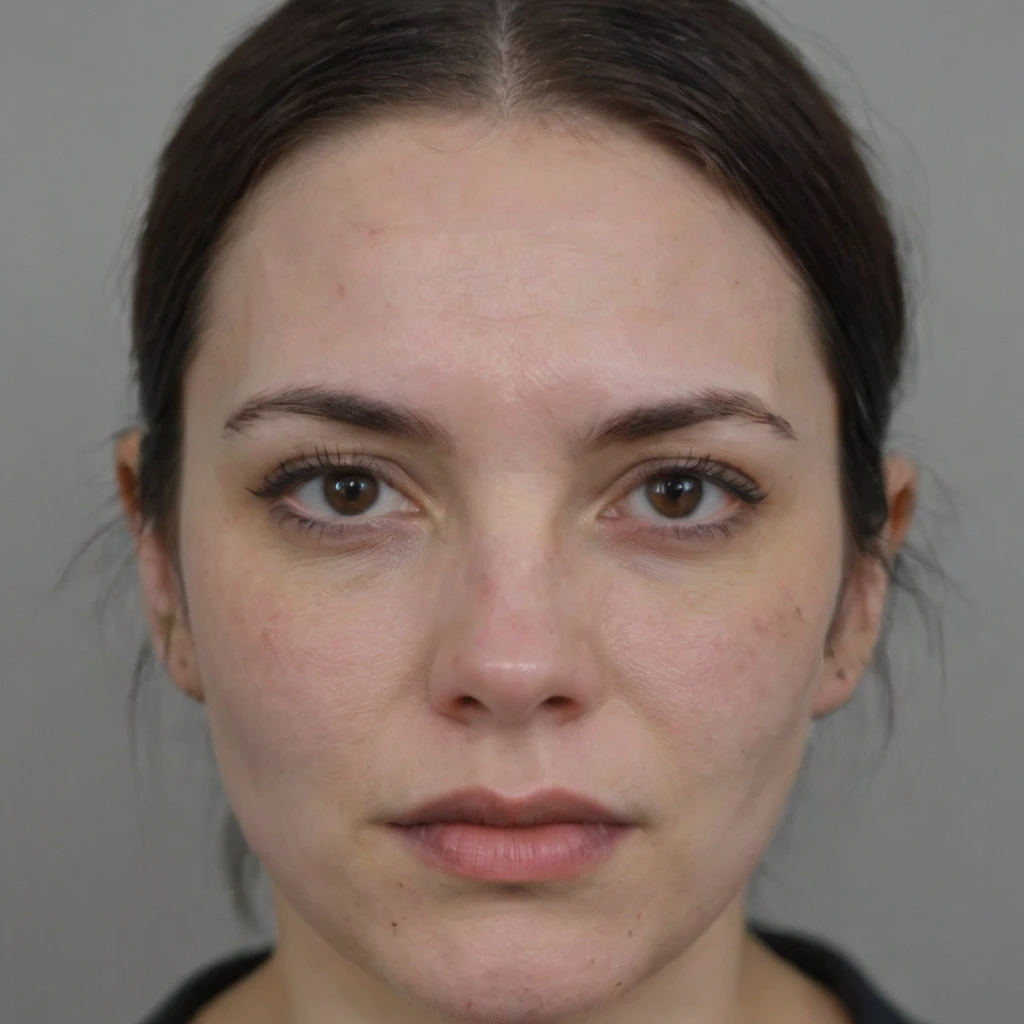 A thirty-year-old woman with exaggerated features to emphasize an 'ugly' appearance. Her body shape is unevenly chubby, and her skin is prominently imperfect with blemishes and uneven texture. Her facial features are asymmetric, and her expression seems tired or strained, creating a stark and unrefined look