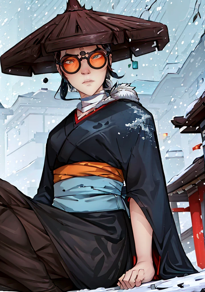 1girl, mizuOC (sitting:1.2), ,very angry, (1girl, blue eyes, black hair, japanese clothes, blue kimono:1.2) looking at viewer, (orange glasses, chinese hat:1.2), from below,
(detailed landscape, japanese temple, night, winter, snow, tree:1.2),(cowboy shot:1.2), (dynamic pose:1.2), (dark atmosphere, wind),
(masterpiece:1.2), (best quality, highest quality), (ultra detailed), (8k, 4k, intricate), (50mm),
<lora:MizuBESamurai_character-08:1>