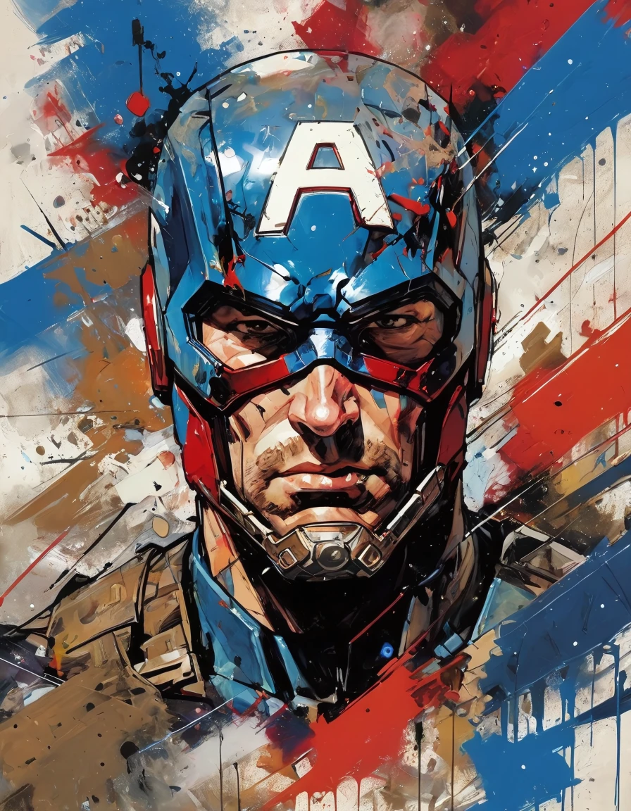 abstract expressionist painting captain america style of Russ Mills, on the side,
close up, full head, (looking to the side:1.2), (looking at looking at viewer:0.4), (dutch angle:1.6),
impasto oil painting heavy brushstrokes by Cy Twombly and Anselm Kiefer, trending on artstation dramatic lighting abstract Expressionism, . energetic brushwork, bold colors, abstract forms, expressive, emotional