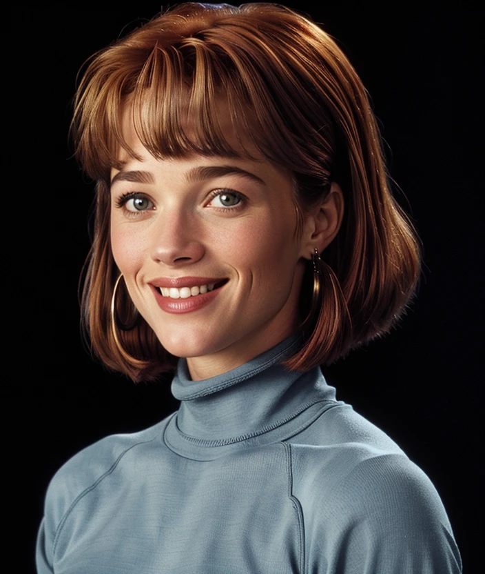 <l3ur3h>, Ultra-HD-realistic-details, upper body, Black background, smile, Colorful dress, turtleneck, 90s style, Soft and sweet features