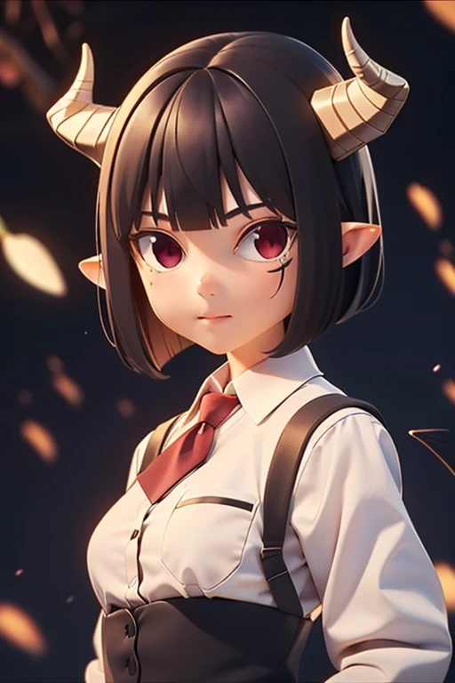 (masterpiece, best quality:1.2), highres, best illustration, 8k wallpaper, (Traditional Media), (2d:1.2), wide shot, (dynamic angle:1.1), , outline, ((thick lineart)), cover, stylish, official art, (details:1.2), (fantasy), garden, (bloom:1.1), glow:0.2, shadow, nature, cherry blossoms, particles, (depth of field), sharp focus, (volumetric lighting), (bokeh:0.6), film grain:0.4, day, (soft lighting:1.1), gummn, demon girl, demon horns, red eyes, black hair, short hair, pointy ears, white shirt, collared shirt, looking at viewer <lora:Himesama_Goumon_00_01:1.0>