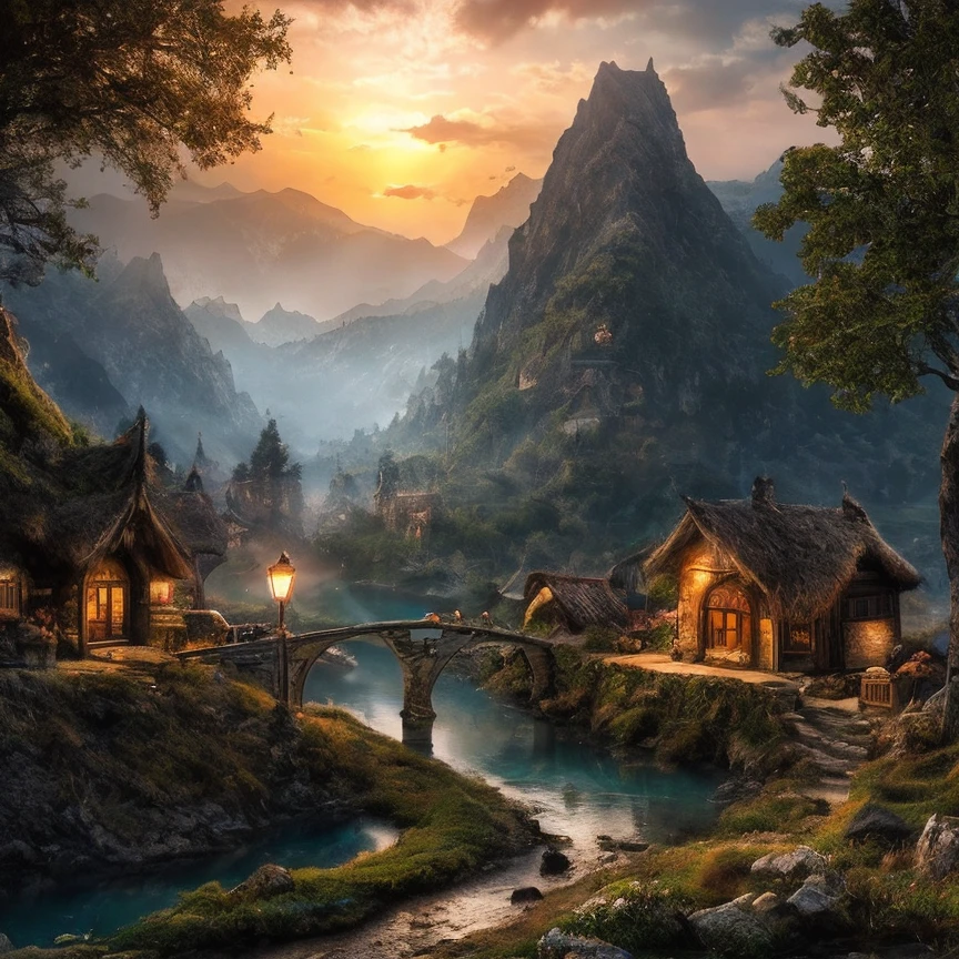 (masterpiece:1.2), (best quality,:1.2), 8k, HDR, ultra detailed, ((photorealistic)), professional light, cinematic lighting, fashion photography, ambient lighting, fantasy, background, a small settlement in the mountains with a waterfall and a bridge, <lora:detail_slider_v4:1>, FanLan, <lora:FantasyLandscape-10:0.7>, epiCPhoto,