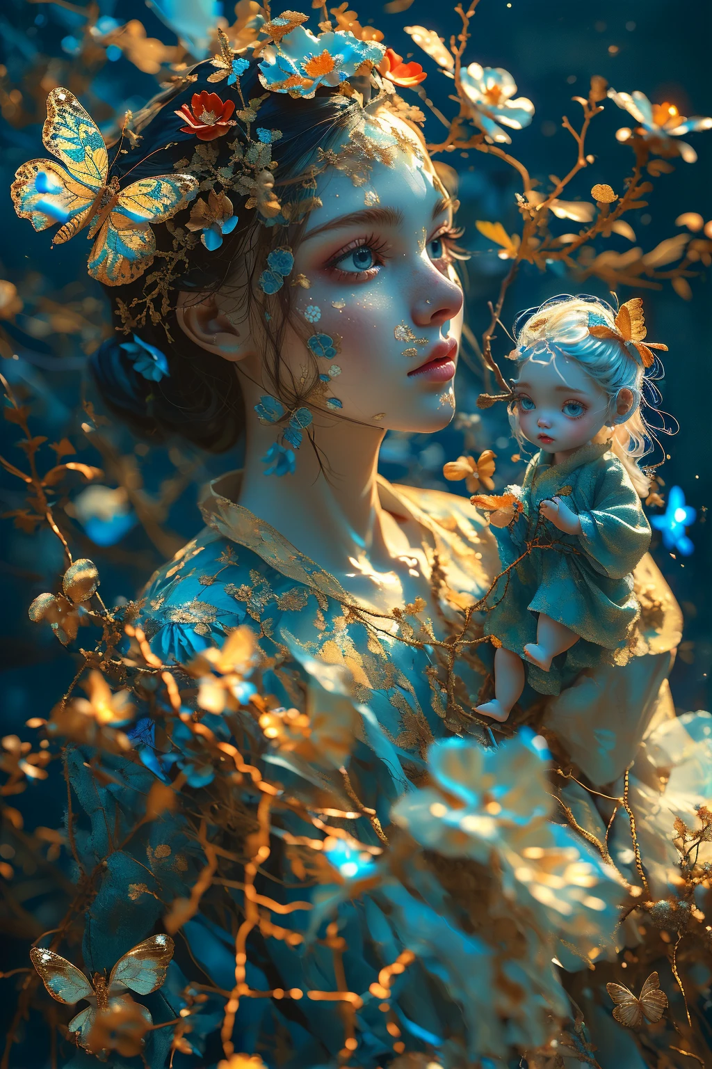 1doll,upper body,red hanfu,<lora:麻è¢2024-014:0.5>,simple background,black hair,blue_flowers,holding a doll in his hand,<lora:麻è¢2024-001:0.7>,butterfly,white hair,Glowing,blue eyes,<lora:麻è¢2024-002:0.7>,, masterpiece,best quality,ultra-detailed,