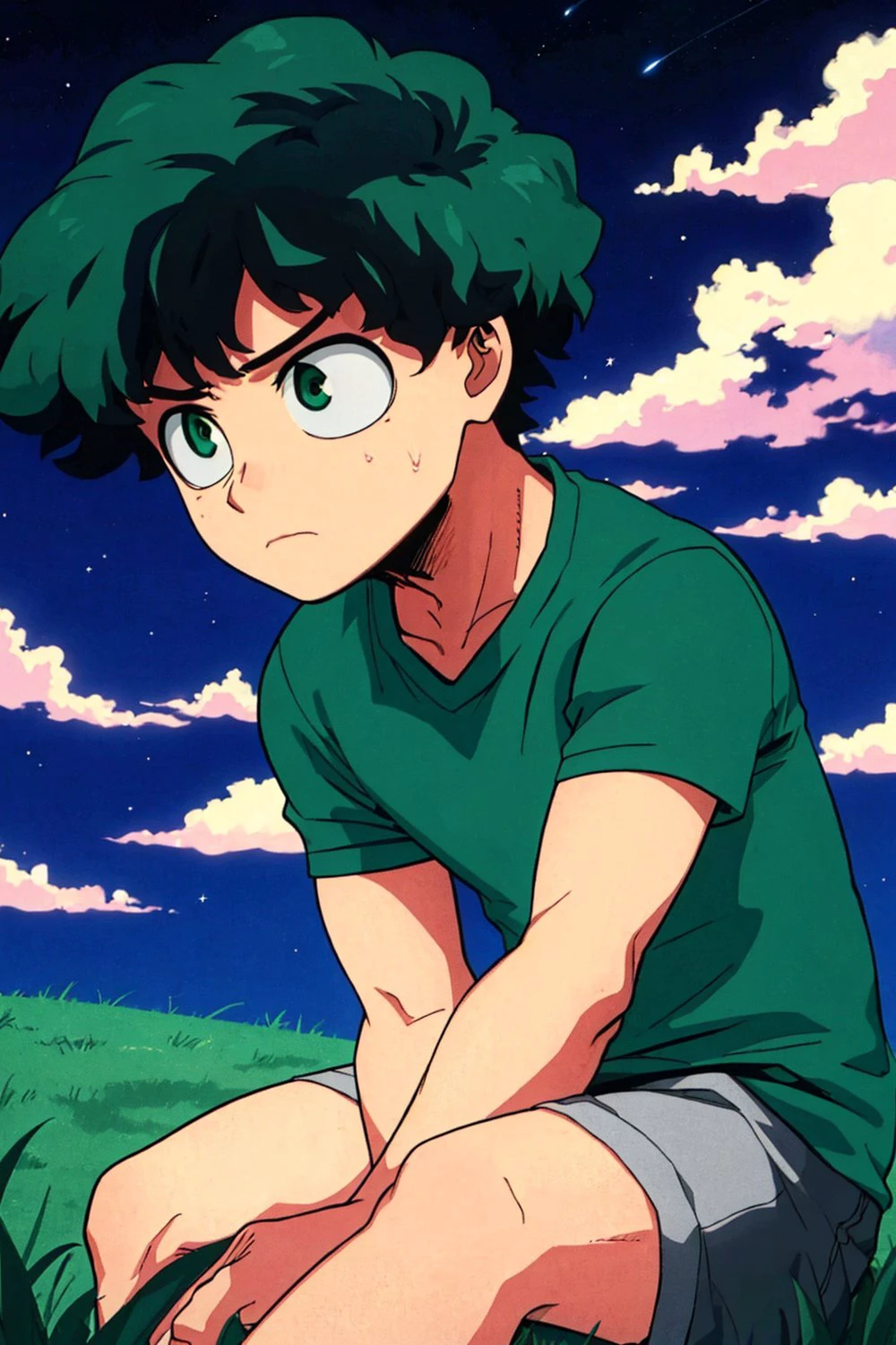 1boy, green eyes, green hair, sad, green shirt, sitting, night sky, clouds, grass ,Green eyes 