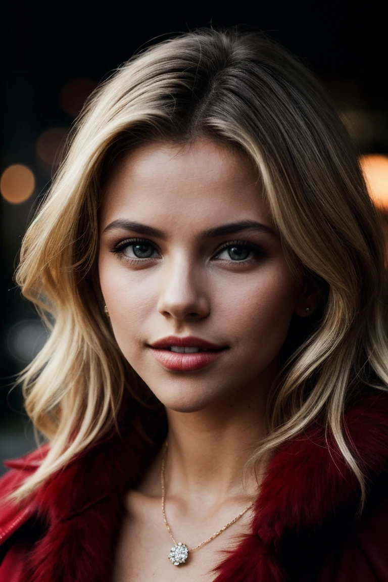 photo of (natal33:0.99), a beautiful woman, perfect blonde hair windblown, (smiling), (modern photo, Ruby Red fur coat), 24mm, (analog, cinematic, film grain:1.3), (hen house:1.2), detailed eyes, (seductive pose), (epicPhoto), (looking at viewer), jewelry, (cinematic shot:1.3), PA7_Portrait-MCU