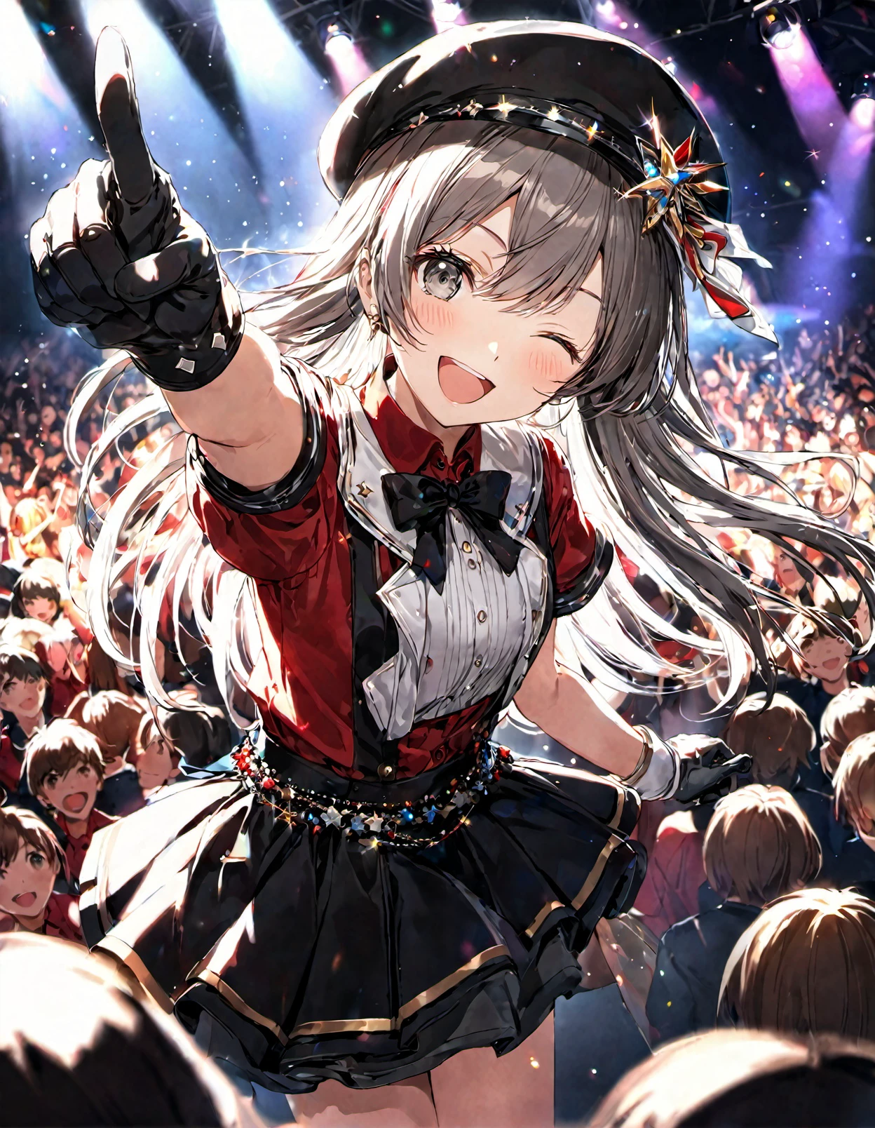 anime,1girl,white long hair,gray eyes, white shirt, idol clothes, one eye closed, red shirt, black skirt, black headwear, gloves, stage light, singing, open mouth, crowd, smile, pointing at viewer, masterpiece, best quality