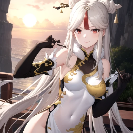 ((masterpiece)),(best quality),official art,extremely detailed CG,unity 8k wallpaper,ultra detailed,A lighthouse on a cliff by the sea,1girl,solo,upper body,looking at viewer,very_long_hair,red_eyes,elbow_gloves,hair_ornament,black_gloves,claw_ring,white_hair,chinese_clothes,smile,high_heels,hair_stick,bangs,china_dress,parted_bangs,fur_collar,tassel,white_dress,hairpin,sidelocks,bare_shoulders,detached_sleeves,pelvic_curtain,large_breasts,bare_legs,<lora:Ningguang(gen)>,