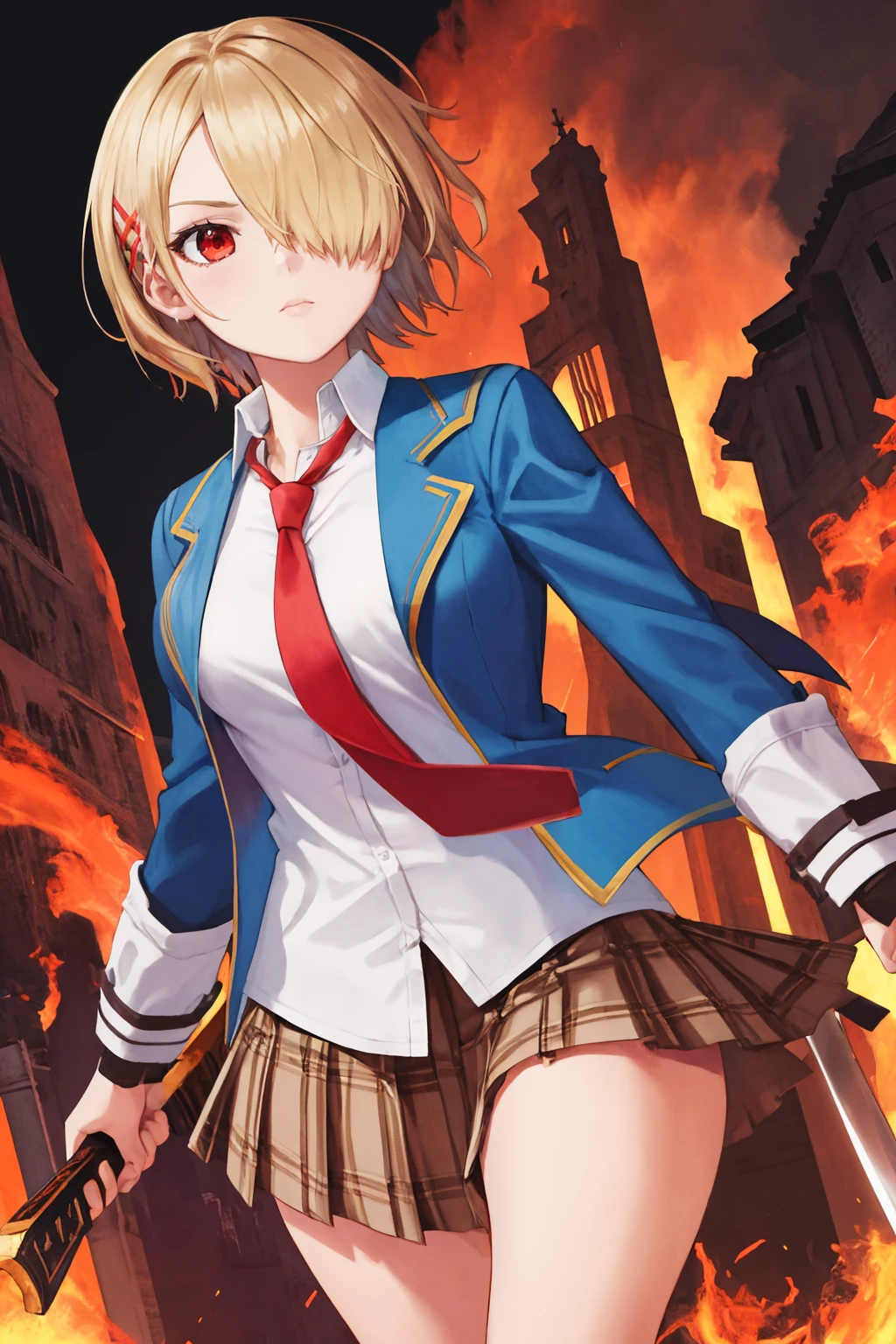 masterpiece, best quality, 1girl, solo, <lora:rukakayamori-hbr-richy-v1:1> ruka, hair clip, hair over one eye, blazer, white shirt, red necktie, plaid skirt, holding sword, dual wielding,