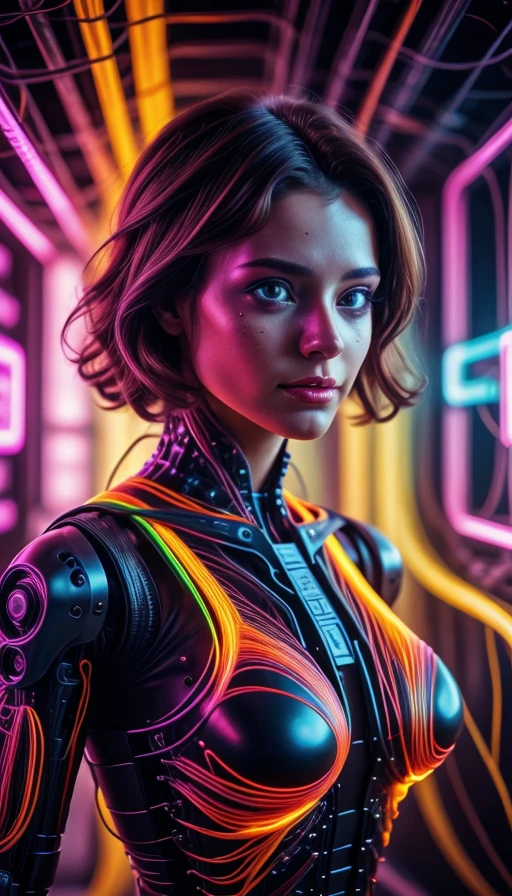 colorful chaos, vivid colors, striking visual design, 1girl, adult woman, gorgeous, hazel eyes, auburn half-up half-down hairstyle, portrait, solo, upper body, looking at viewer, detailed background, detailed face, android, cyborg, mechanical limbs, mechanical eyes, wires, advanced technology, dynamic pose, emotionless, artificial intellgience, steel, digital implants, nanobots, electronics, gadgets, powered by electricity, holograms, particle effects, bright lights, neon colors, cables in background, cinematic atmosphere, (<lora:1970RetroFuturism:0.6>, 1970retrofuturism, 1970s theme:1.1), <lora:add_detail:0.75>, <lora:sharpen-soften:-0.2>, <lora:stylesqueeze_v2:0.25>, <lora:realistic:0.25>, <lora:isobug:0.75> <lora:speedy1p5:1.15>