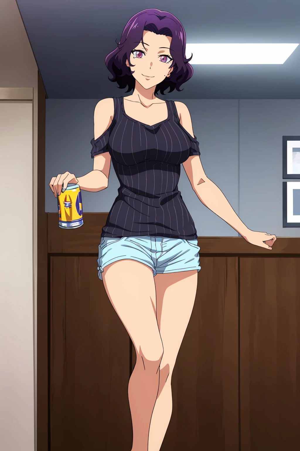 ((best quality)),((highly detailed)),masterpiece,absurdres, detailed face,beautiful face,(detailed eyes, deep eyes),(1girl),((dynamic pose)), <lora:AzusaV1:0.7>, Azusa, solo, purple hair, purple eyes, shorts, shoulder cutout, breasts, barefoot, short hair, looking at viewer, smile, large breasts, clothing cutout, short shorts, holding, standing, can, indoors, collarbone, legs, bare shoulders, feet, denim, shirt, bare legs, mature female, toes, black shirt, beer can, denim shorts, food, blue shorts, striped, mole, closed mouth, hair intakes