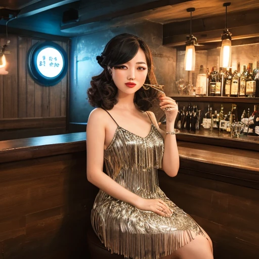 China,ShangHai,A trendy underground speakeasy-themed bar. The dimly lit space features vintage furnishings and a live jazz band playing sultry tunes. In this scene, the woman wears a form-fitting flapper dress with beaded fringe detailing, her hair styled in loose curls reminiscent of the 1920s. She confidently sways to the music as she enjoys a classic cocktail and interacts with fellow patrons who share her love for all things vintage.<lora:ç¡ç¾äºº3-000004:1>,, masterpiece,best quality,CG 8k wallpaper,illustration,absurdres, city lights,