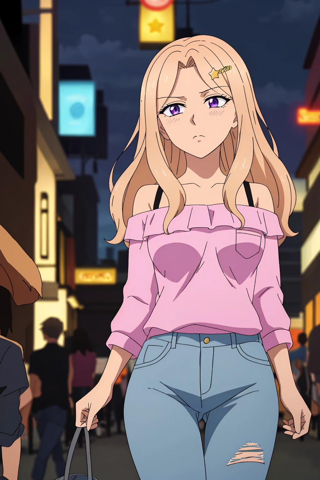 ((best quality)),((highly detailed)),masterpiece,absurdres,detailed face,beautiful face,(detailed eyes, deep eyes),(1girl),((dynamic pose)),  <lora:HaruV1:0.7>ï»¿Haru, blonde hair, purple eyes, long hair, hairclip, off shoulder, star hair ornament, walking, at night, (eyes looking away from the viewer:1.3, breast, looking away from viewer:1.3), t shirt,ripped jeans, hands in pocket, nighttime, city streets, neon signs, crowd behind,