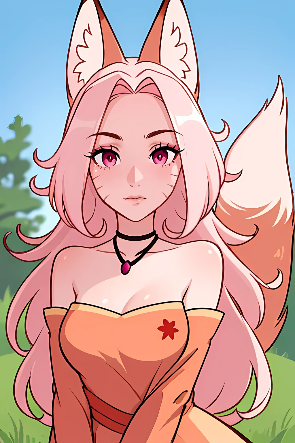masterpiece, best quality, very detailed illustrations, <lora:madamai:0.5>, 1girl, solo, full length, long pink hair, fox ears, animal ear fluff, fox tail, jewelry, bare shoulders, pink eyes, facial mark, dress,