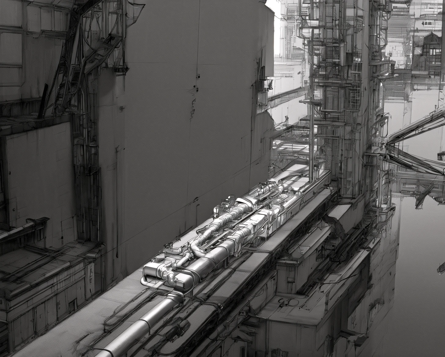 masterpiece, best quality, no humans, greyscale, building, industrial pipes, rendering, <lora:Blame8ep5r159i-000008:0.7>