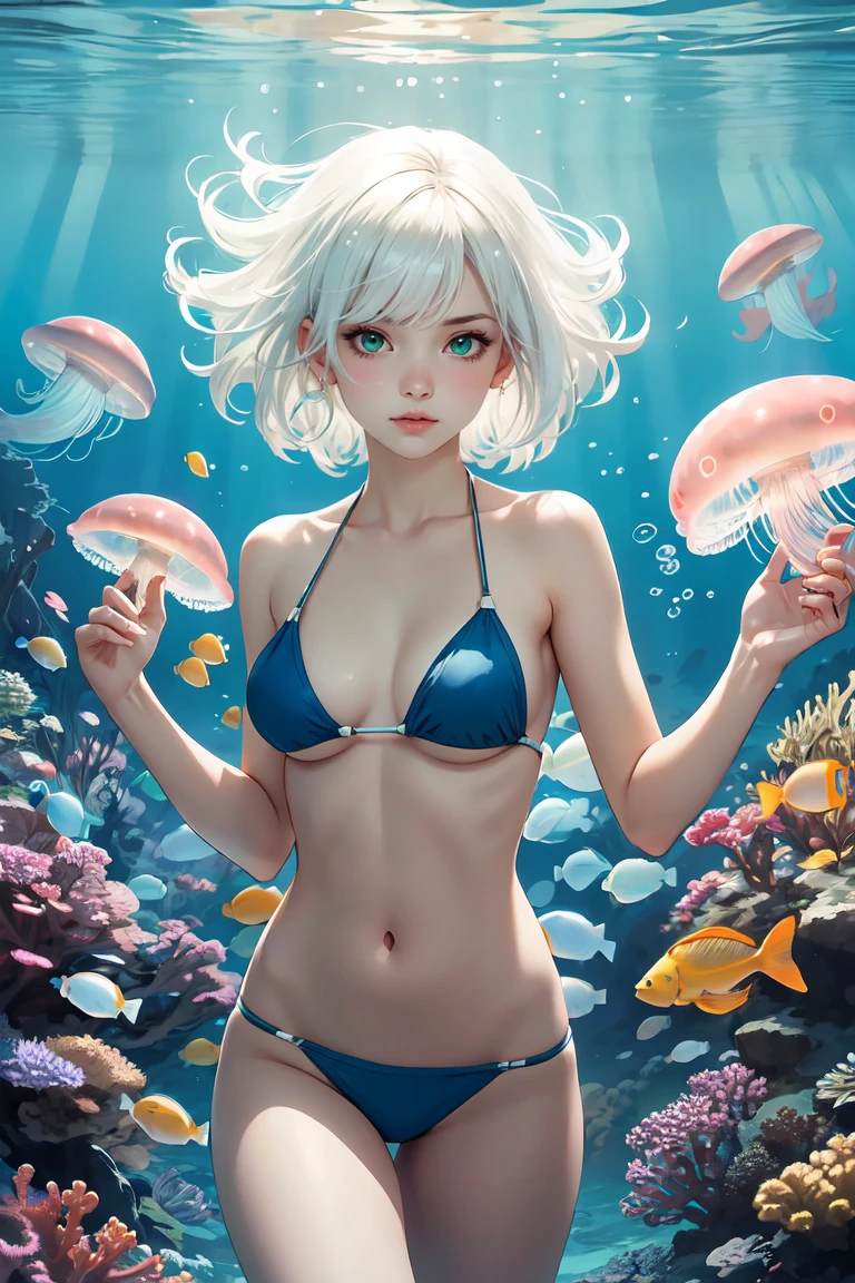 masterpiece, best quality, 1girl, white hair, green eyes, medium hair, jellyfish, fish, underwater, bikini,<lora:GPTS4 dreamwave full_478773:0.3>, <lora:GoodHands-beta2:1>