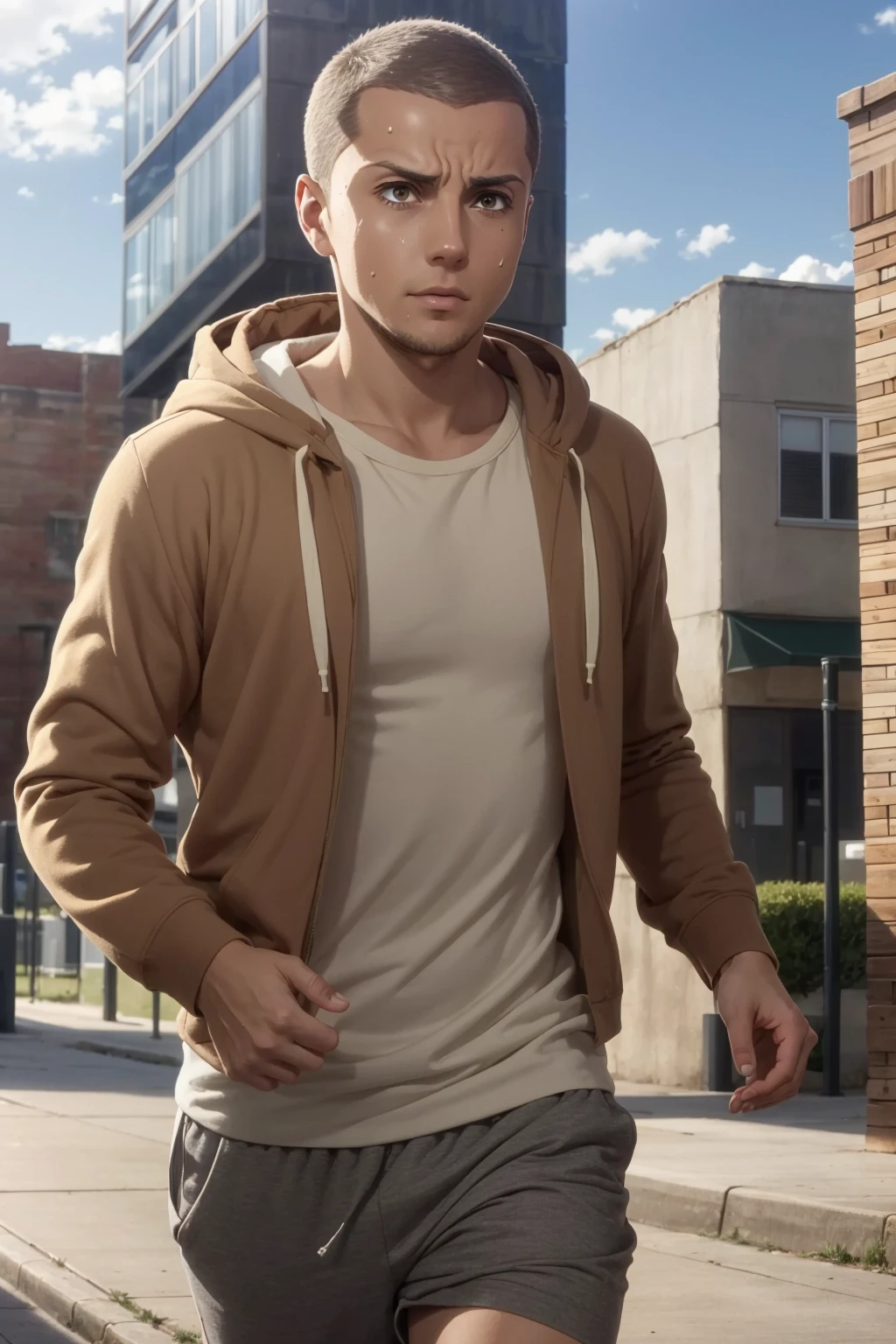 connie_springer,  young man,  buzzcut,  sideburns,  hoodie,  doing jogging,  muscular,  sweaty,  street,  daylight,  realistic,  high quality,<lora:EMS-254816-EMS:0.700000>