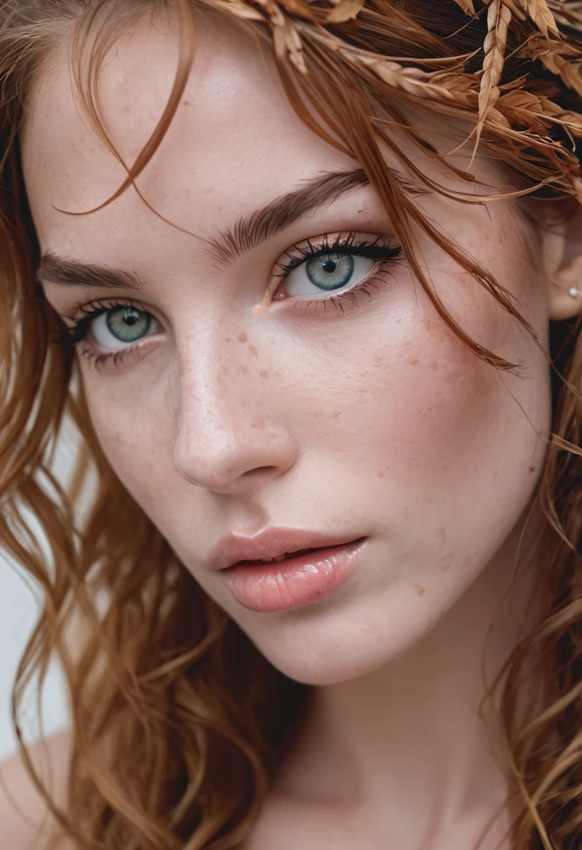 glamorous photo portrait of a unique breathtaking and beautiful woman face close-up, stunning detail, hyper detailed eyes, detailed skin with a flawless texture delicate and refined, smooth hair elegantly draped around her neck, subtle freckles on her nose, fullness of her lips, covered with leafs, captured in masterful composition, lighting accentuate her natural beauty, gentle shadows and highlights, incredible skill and attention to detail, nuance and detail, supersharp focus, Carne Griffiths, Conrad Roset, annie leibovitz, hyperdetailed, soft light, sharp, Hasselblad masterclass, . high fashion, luxurious, extravagant, stylish, sensual, opulent, elegance, stunning beauty, professional, high contrast, detailed