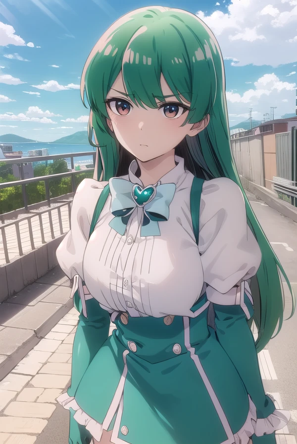 sayominakami, <lora:sayo minakami-lora-nochekaiser:1>,
sayo minakami, long hair, (brown eyes:1.5), bow, hair bow, (green hair:1.5),
BREAK skirt, gloves, boots, elbow gloves, magical girl, blue gloves,
BREAK outdoors, city, sky, sun, clouds,
BREAK looking at viewer, (cowboy shot:1.5),
BREAK <lyco:GoodHands-beta2:1>, (masterpiece:1.2), best quality, high resolution, unity 8k wallpaper, (illustration:0.8), (beautiful detailed eyes:1.6), extremely detailed face, perfect lighting, extremely detailed CG, (perfect hands, perfect anatomy),