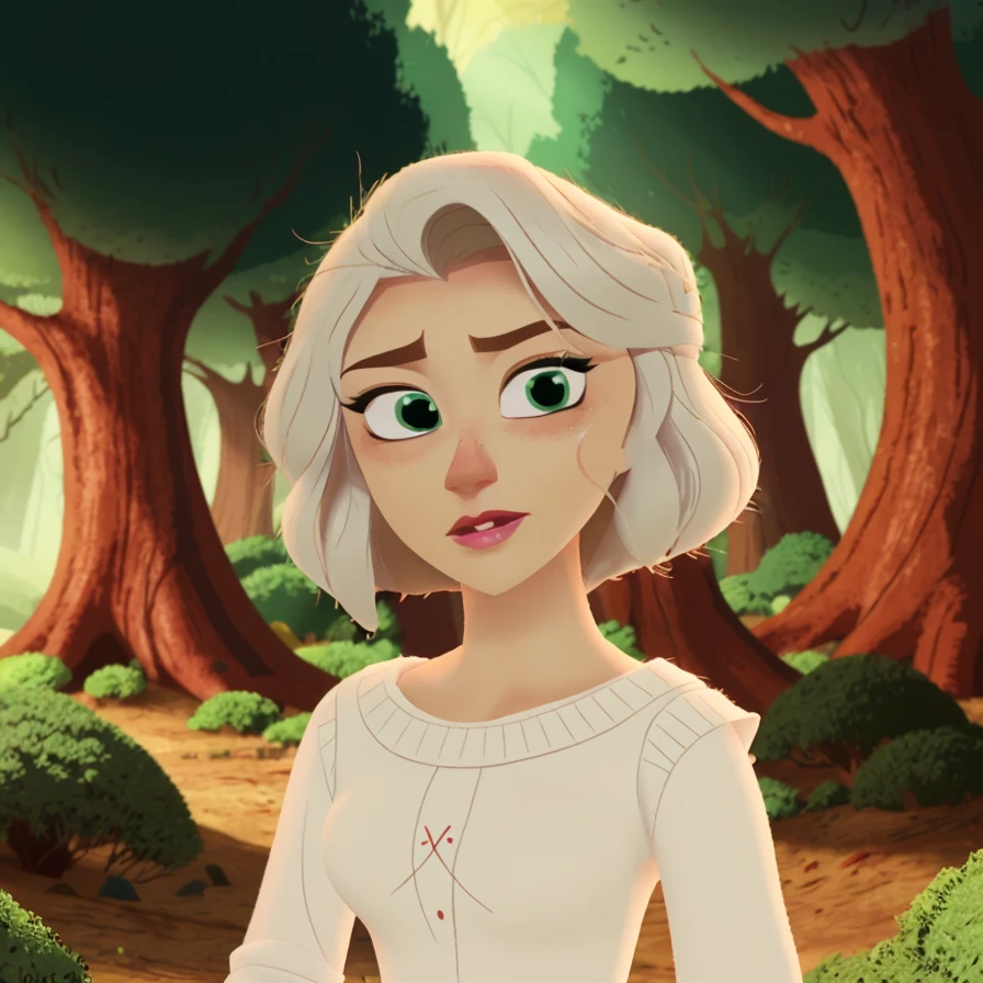 tangledadventure, white hair, green eyes, curly hair, sweater, forest <lora:TangledAdventure_2:1>