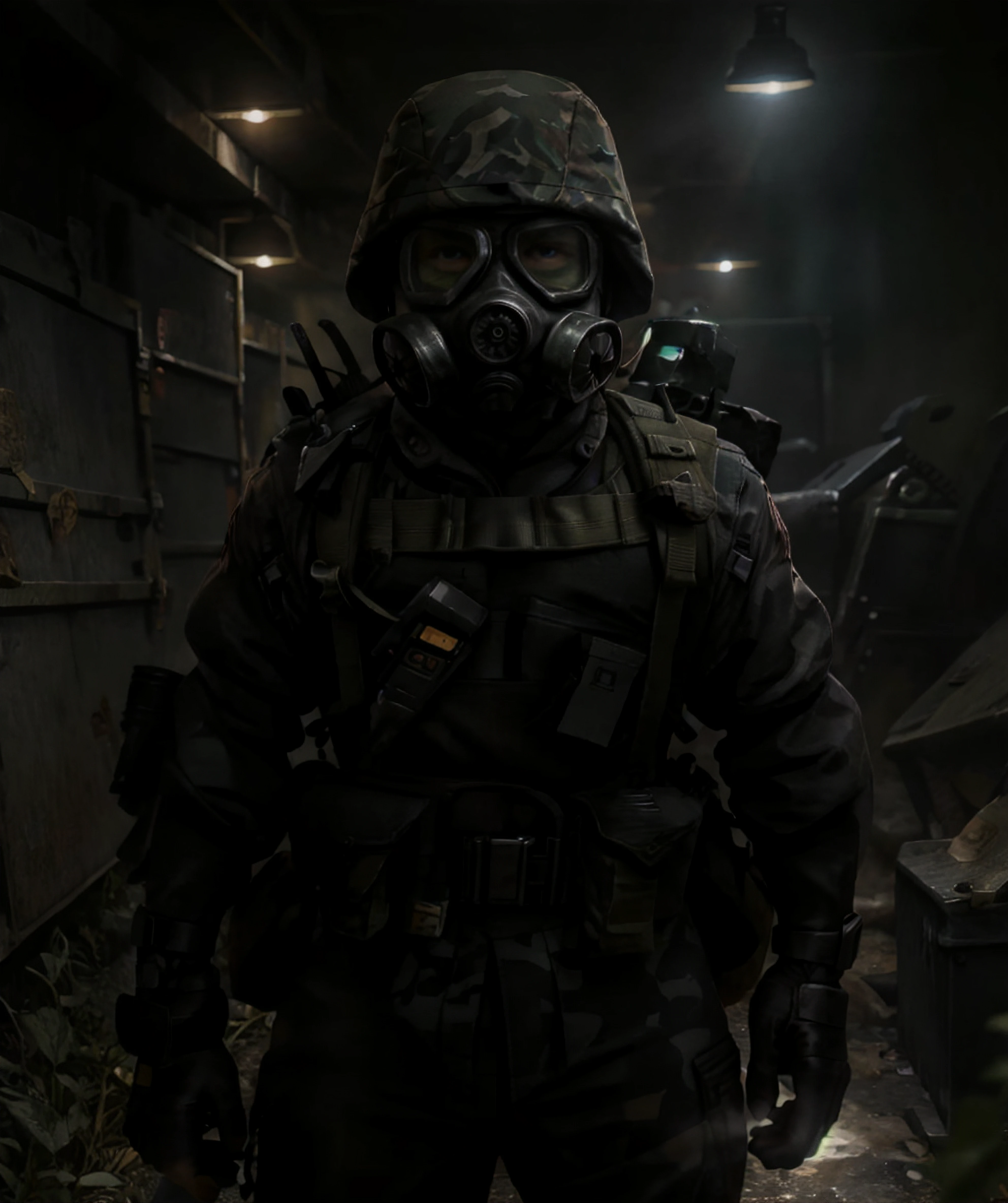 , gas mask, male focus, looking at viewer, standing, battlefield, war <lora:Adrian_Shephard:0.9>