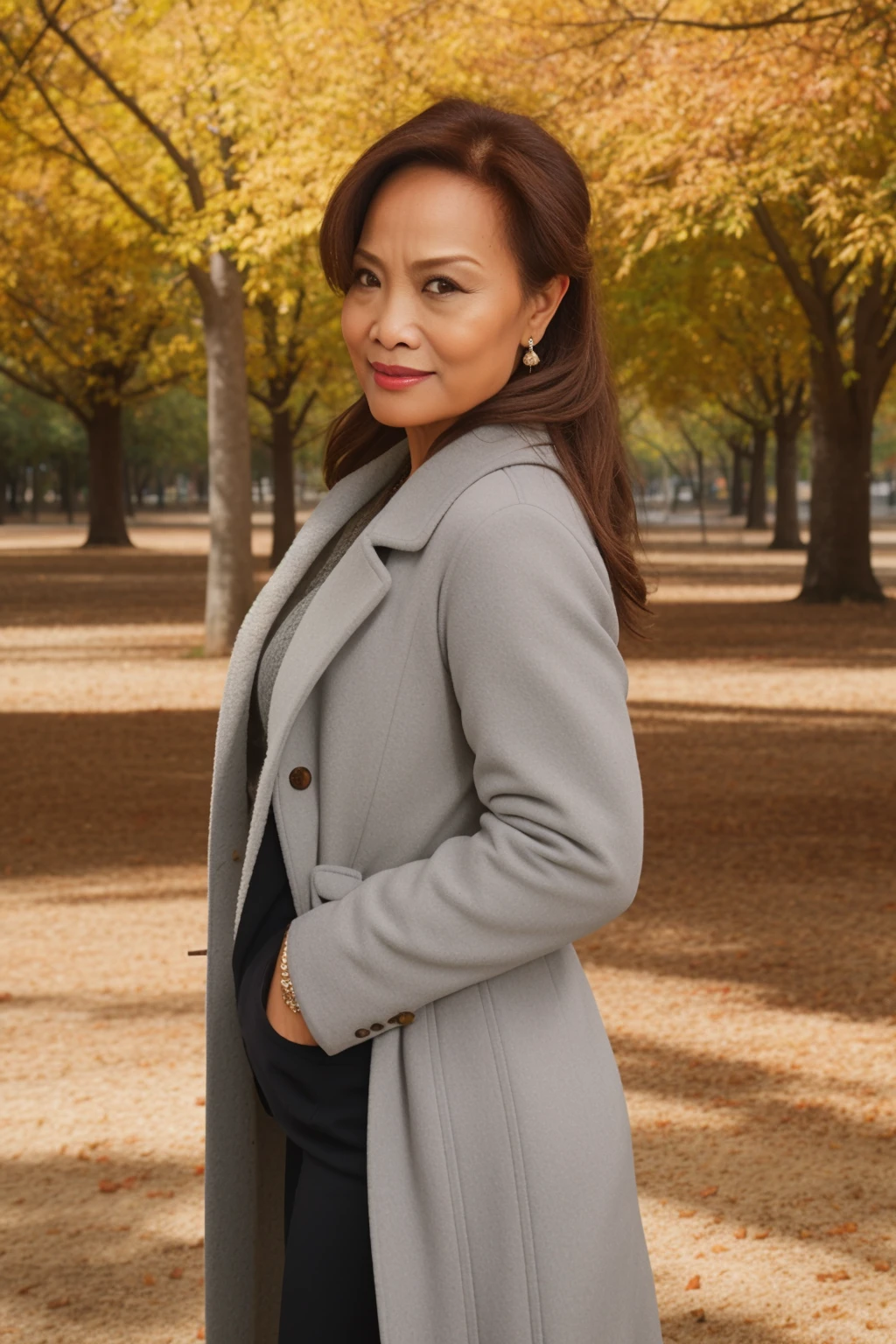 a RAW photo, portrait of allover30maya, grey coat, autumn park, intricate details, masterpiece, 8k <lora:allover30maya:1>