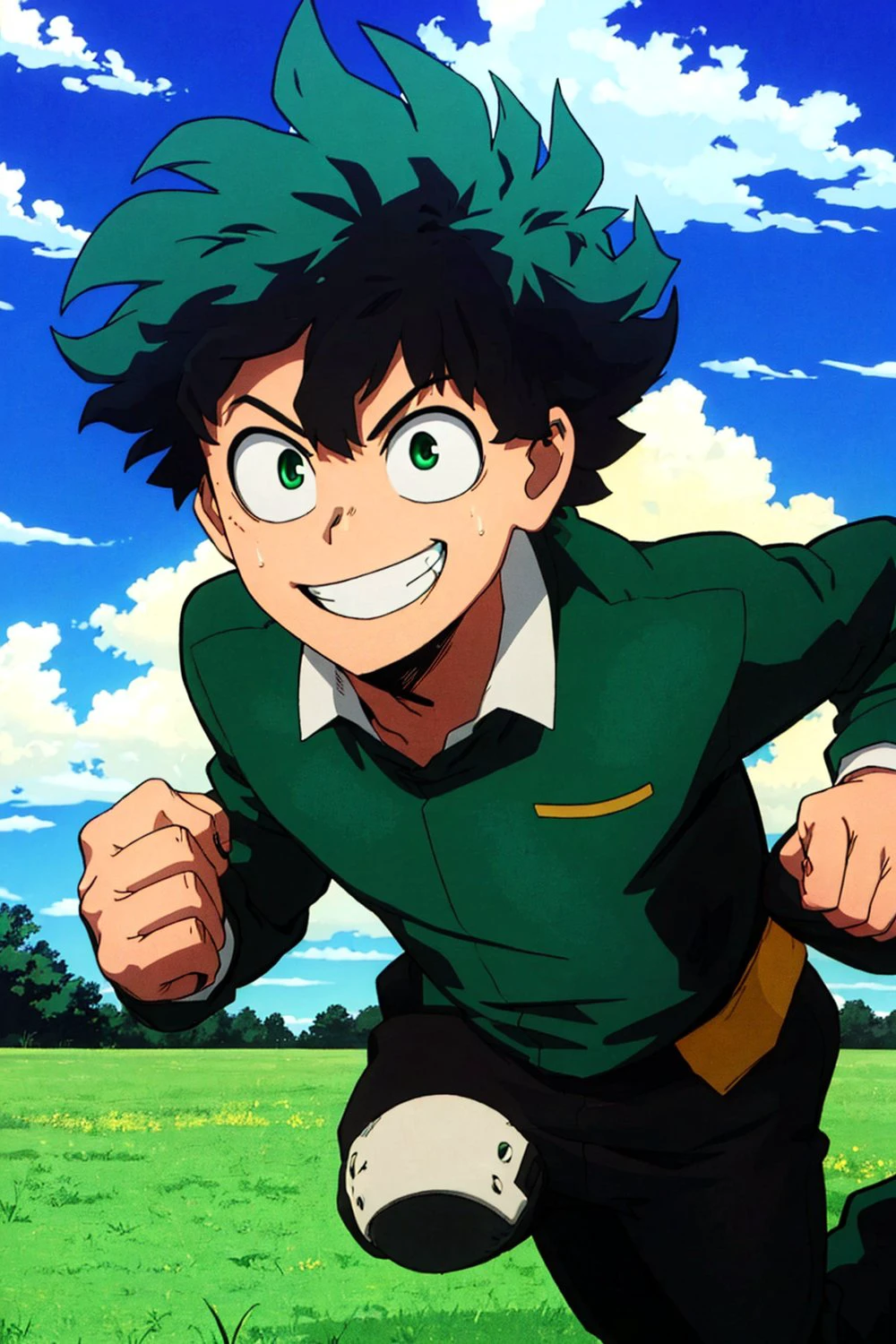 1boy, green eyes, green hair, grin, green suit, running, sky, clouds, grass 