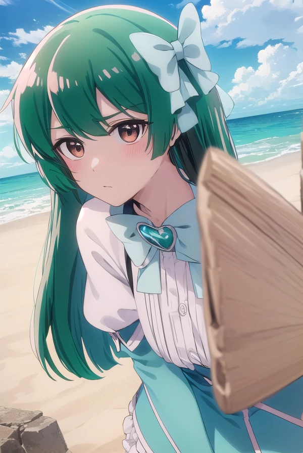 sayominakami, <lora:sayo minakami-lora-nochekaiser:1>,
sayo minakami, long hair, (brown eyes:1.5), bow, hair bow, (green hair:1.5),
BREAK skirt, gloves, boots, elbow gloves, magical girl, blue gloves,
BREAK outdoors, city, sky, sun, clouds,
BREAK looking at viewer, (cowboy shot:1.5),
BREAK <lyco:GoodHands-beta2:1>, (masterpiece:1.2), best quality, high resolution, unity 8k wallpaper, (illustration:0.8), (beautiful detailed eyes:1.6), extremely detailed face, perfect lighting, extremely detailed CG, (perfect hands, perfect anatomy),