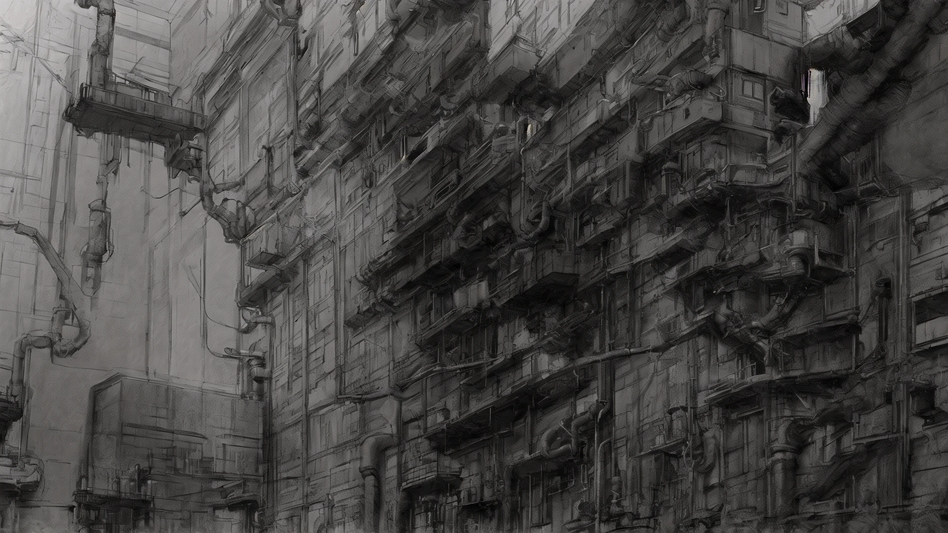masterpiece, best quality, no humans, greyscale, building, industrial pipes, rendering, <lora:Blame8ep5r159i-000003:0.7>
