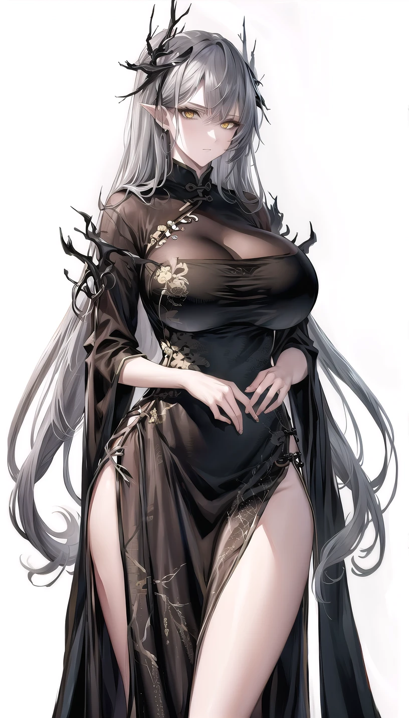 grey-hairstyle,horns,yellow eyes,grey hair, 
(china dress:1.28),
lady,mature female,
cowboy shot,
(white background, simple background:1.08),
highres,official art,original,masterpiece,best quality,
(huge breasts),
 <lora:logos mother5 cz:0.61>