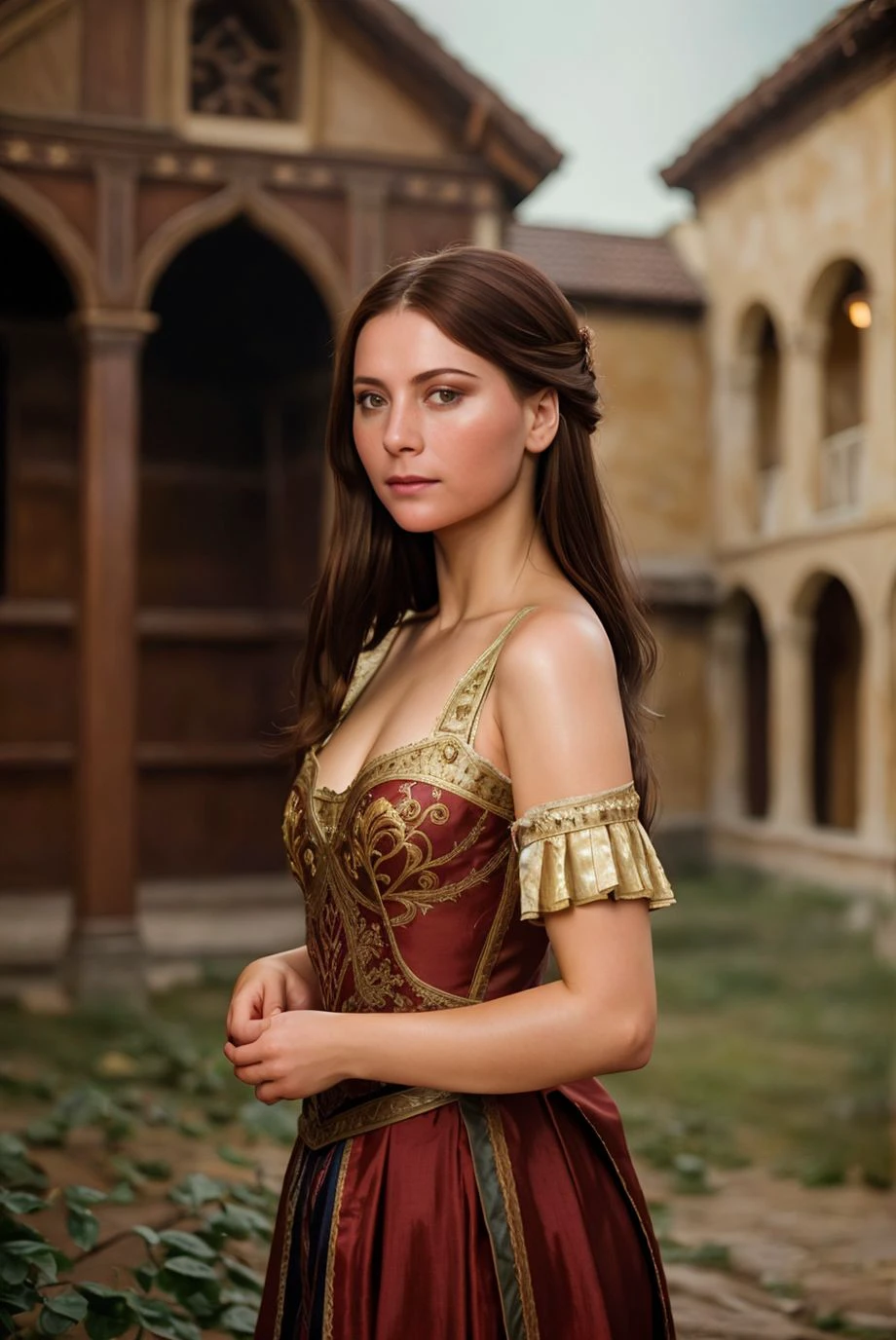 A stunning intricate full color portrait of a 28 year old woman, renaissance attire, The Borgias movie set, epic character composition,by ilya kuvshinov, alessio albi, nina masic,sharp focus, subsurface scattering, f2, 35mm, film grain <lora:jessifio:1>