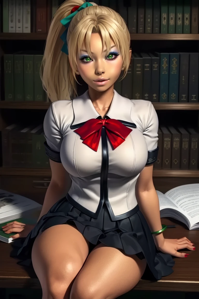 Kasumi,green eyes,blond hair,ponytail,makeup,
white school uniform,red bow,black skirt,armlet,
sitting,desk,
library,
(insanely detailed, beautiful detailed face, masterpiece, best quality),solo,<lora:KasumiOnodera:0.8>,