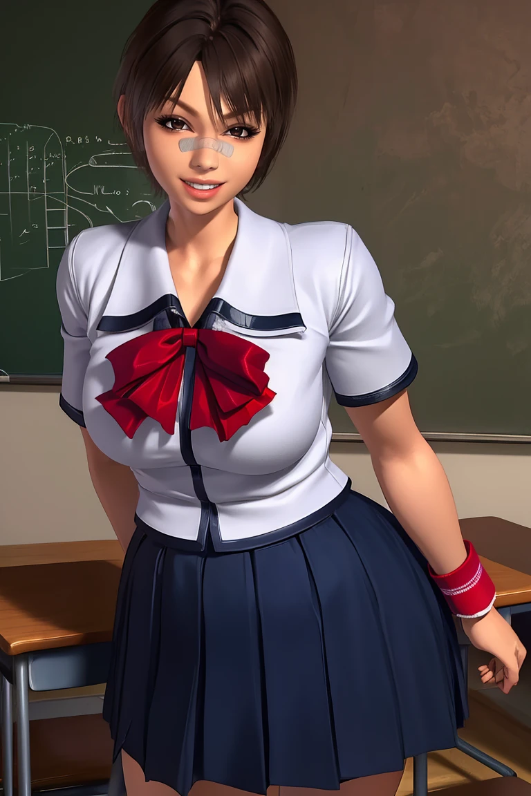 Ayane,brown hair,brown eyes,short hair,bandaid on nose,
school uniform,red bow,blue skirt,smile,wristbands,
standing,
classroom,
(insanely detailed, beautiful detailed face, masterpiece, best quality),solo,<lora:AyaneTendo-11UMEM2:0.8>,