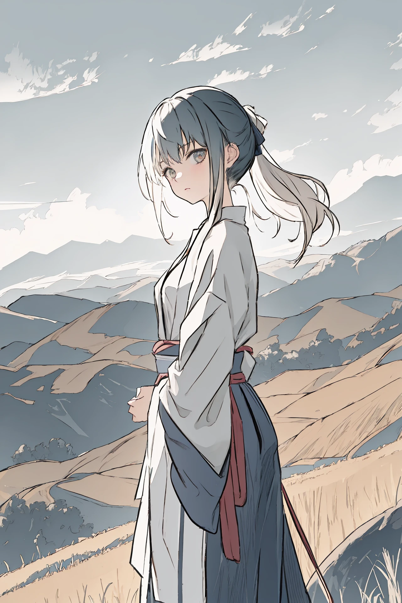 (best quality, masterpiece, highres),1girl,chonmage,partially_unbuttoned,looking down,looking at viewer,landscape,dynamic_angle,
<lora:BX_color sketch_v1.04cy:1>,