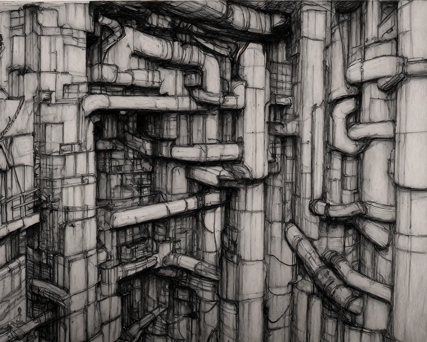 masterpiece, best quality, no humans, greyscale, building, industrial pipes, rendering, traditional media, scenery, <lora:Blame8ep5r159i-000003:0.7>