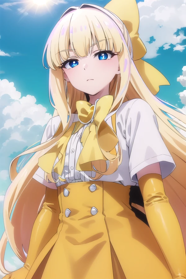 kaorukotenkawa, <lora:kaoruko tenkawa-lora-nochekaiser:1>,
kaoruko tenkawa, long hair, blue eyes, blonde hair, bow, hair bow, yellow bow,
BREAK gloves, dress, heart, elbow gloves, magical girl, yellow gloves,
BREAK outdoors, city, sky, sun, clouds,
BREAK looking at viewer, (cowboy shot:1.5),
BREAK <lyco:GoodHands-beta2:1>, (masterpiece:1.2), best quality, high resolution, unity 8k wallpaper, (illustration:0.8), (beautiful detailed eyes:1.6), extremely detailed face, perfect lighting, extremely detailed CG, (perfect hands, perfect anatomy),