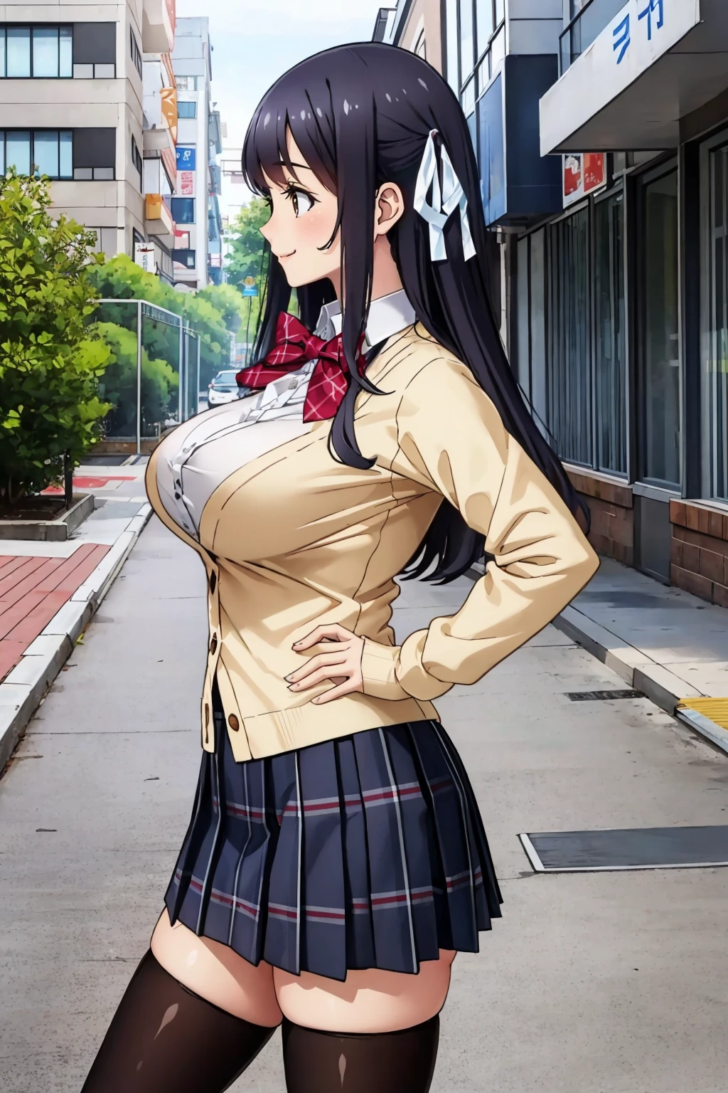 masterpiece, best quality, <lora:itsugayakanade-nvwls-v1-000009:0.8> itsugayakanade, hair ribbon, red bowtie, yellow cardigan, long sleeves, plaid skirt, large breasts, black thighhighs, profile, smile, city street, hands on hips
