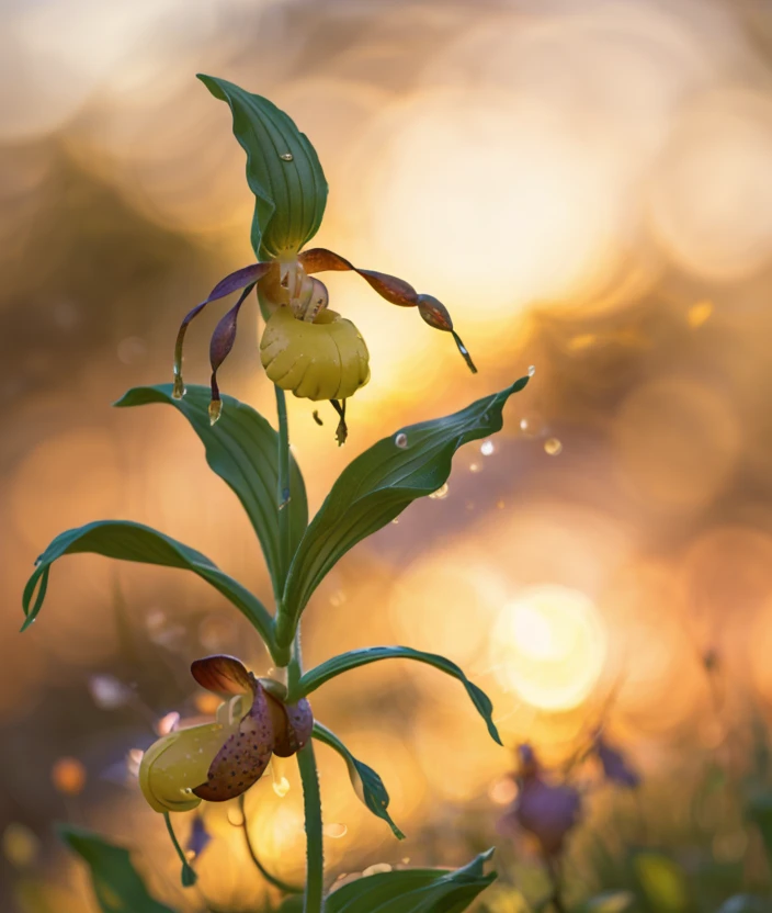 cyp3ca spectacular light, upper body, Ultra-HD-details, Low blur, warm light, dew drops, flower, blurry, no humans, depth of field, close portrait photo, Sunset, Flowering, trioplan 100mm ultra realistic 8k cg, masterpiece, professional artwork, cinematic lighting,Contained Color, Grass, forest