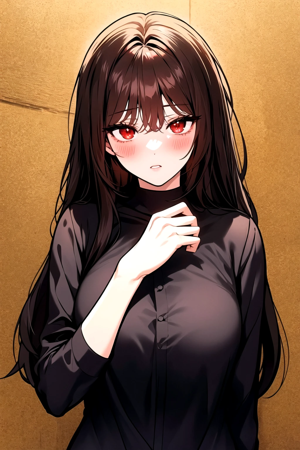 masterpiece, best quality, manhwa-artstyle, 1girl, solo, long hair, looking at viewer, blush, bangs, brown hair, black shirt, red eyes, upper body, <lora:manhwa-artstyle-000025:0.6>