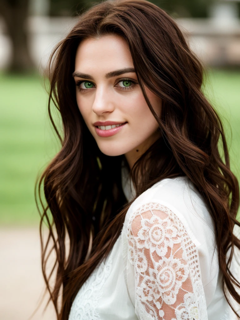 Realistic photo of a beautiful k4t13m woman, 1girl,solo,long hair,looking at viewer,brown hair,green eyes,parted lips,teeth,mole,lips,portrait,realistic,nose,mole on cheek, soft lighting, professional Photography, Photorealistic, detailed, RAW, analog, sharp focus, 8k, HD, high quality, masterpiece<lora:k4t13m:1.0>