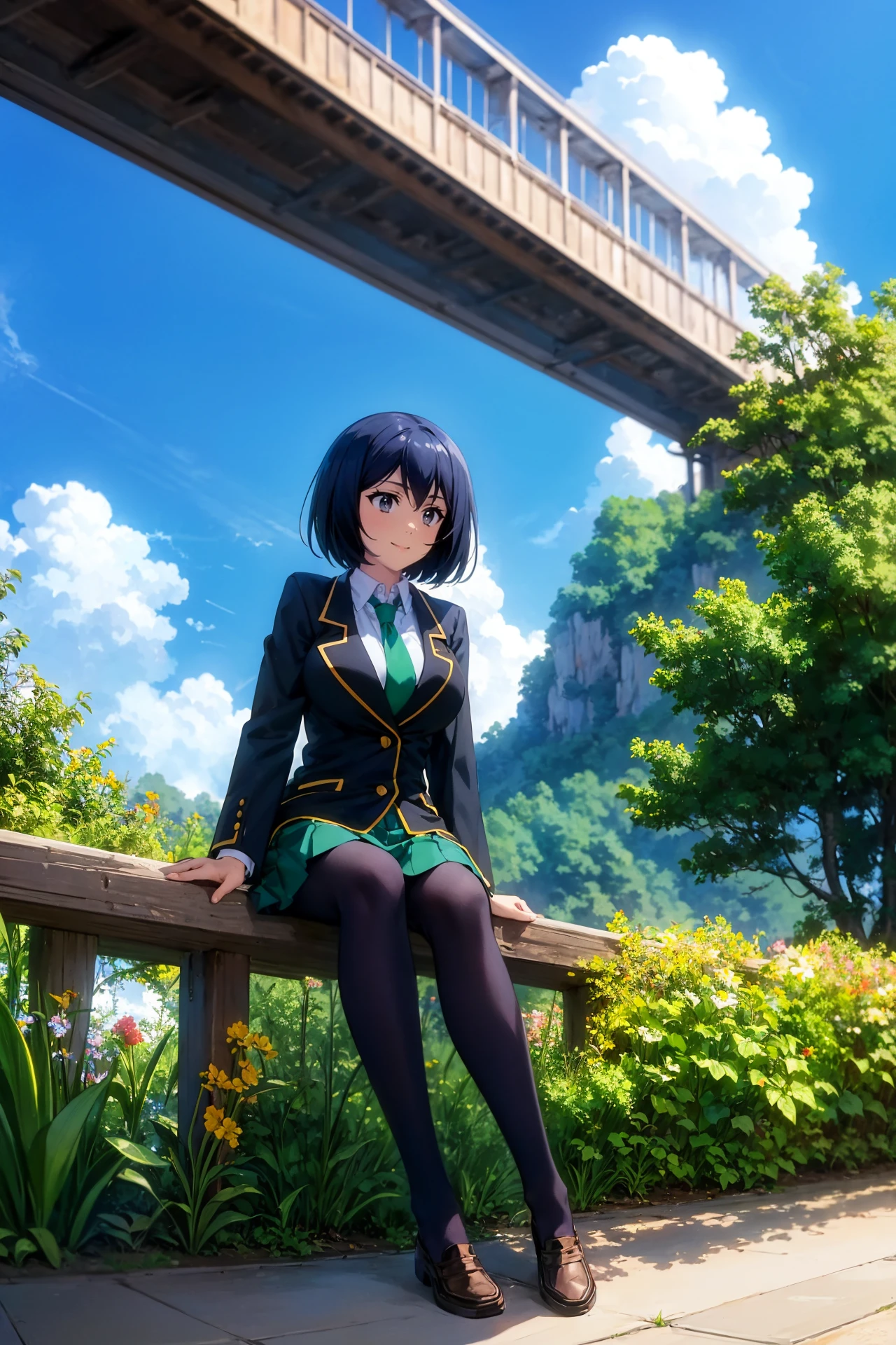 masterpiece, best quality,  <lora:sakurada-nvwls-v1-000009:0.9> sakurada, black blazer, black jacket, long sleeves, green necktie, green skirt, black pantyhose, loafers, sitting, from below, bridge, blue sky, clouds, smile, looking up, wide shot